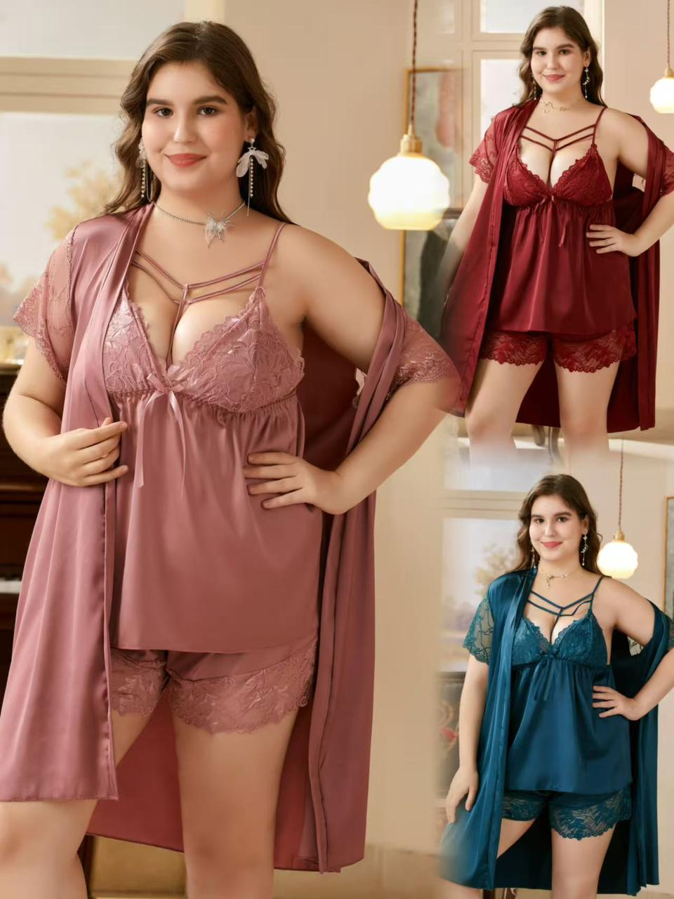 RSLOVE Women Sexy Lingerie Set 3 Piece Babydoll & Lace Kimono Robe Strap Chemise Sleepwear Mesh Nightgown