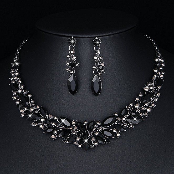 Midnight Elegance Black Crystal Necklace & Earrings Set