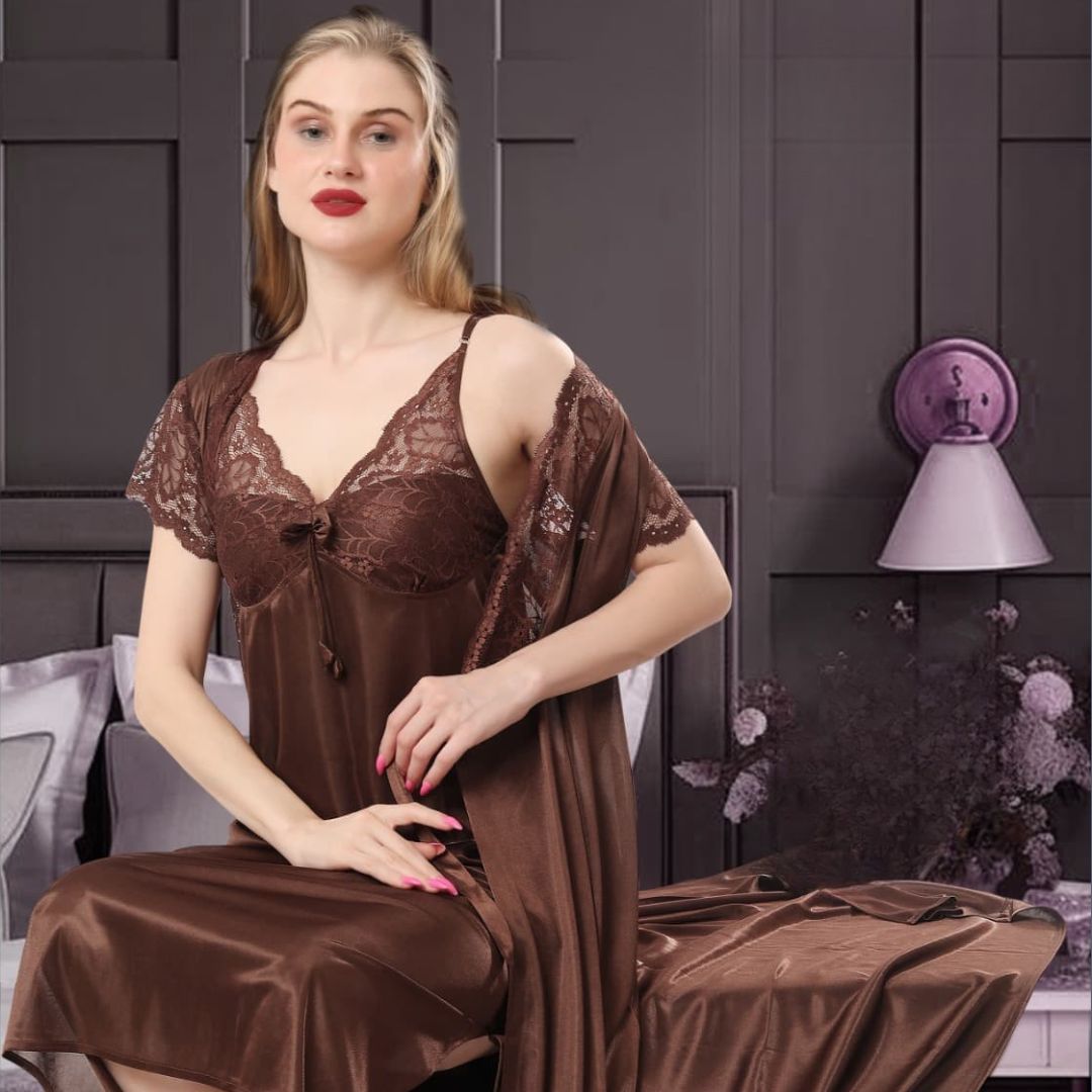 Pure Silk Lace Trim Split Hem Chemise Nightgown