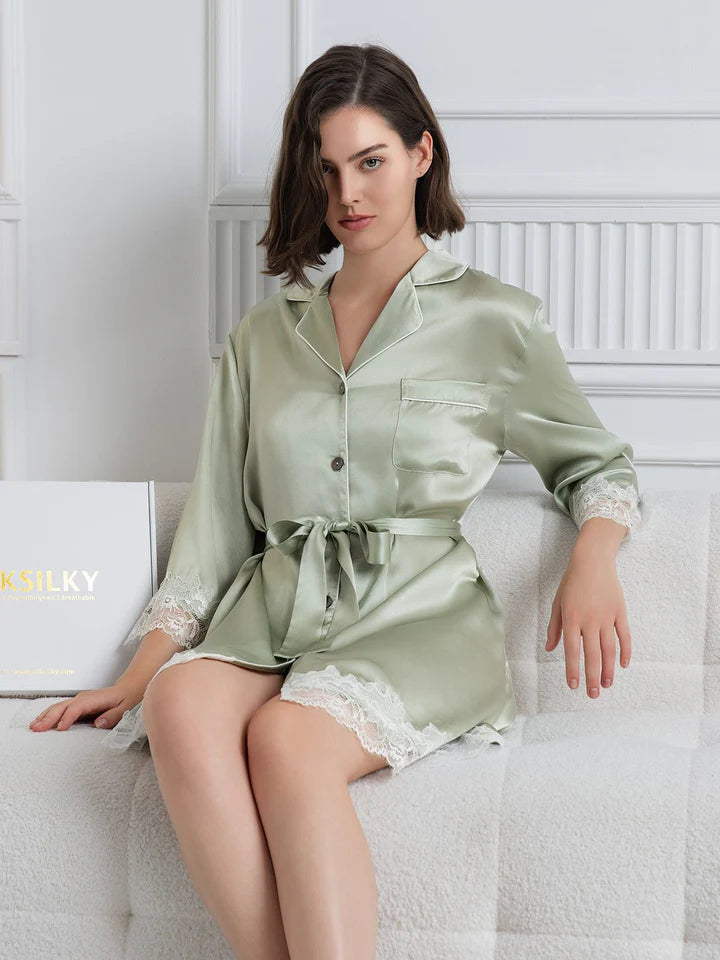 Pure Silk Lace Nightgown & Robe Set 2Pcs