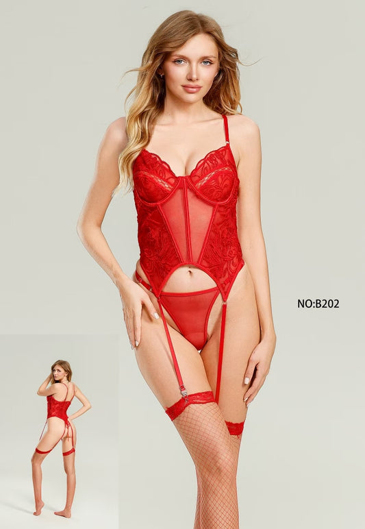 Red Lace Bodysuit with Garter Belt and Stockings