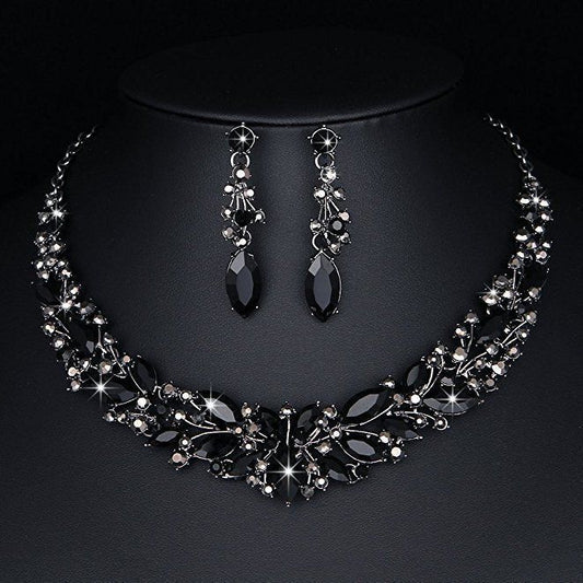 Midnight Elegance Black Crystal Necklace & Earrings Set