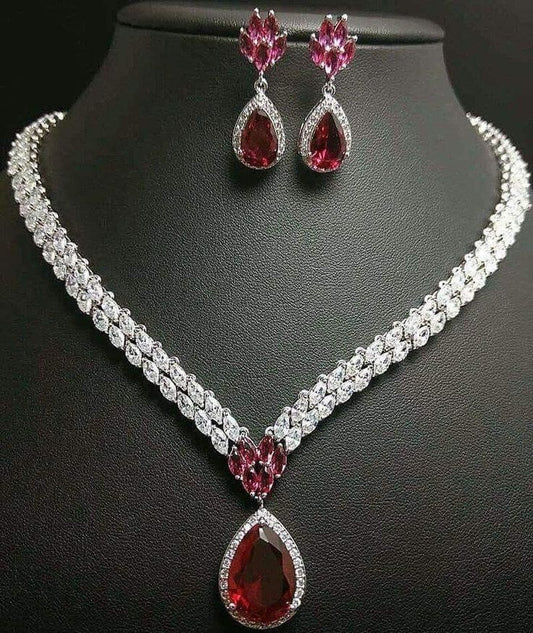 Elegant Sparkling Red Gemstone Necklace Jewelry Set