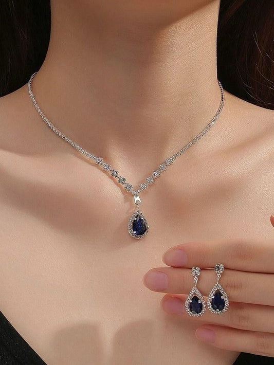 Elegant Sapphire Necklace and Earrings Jewelry Set